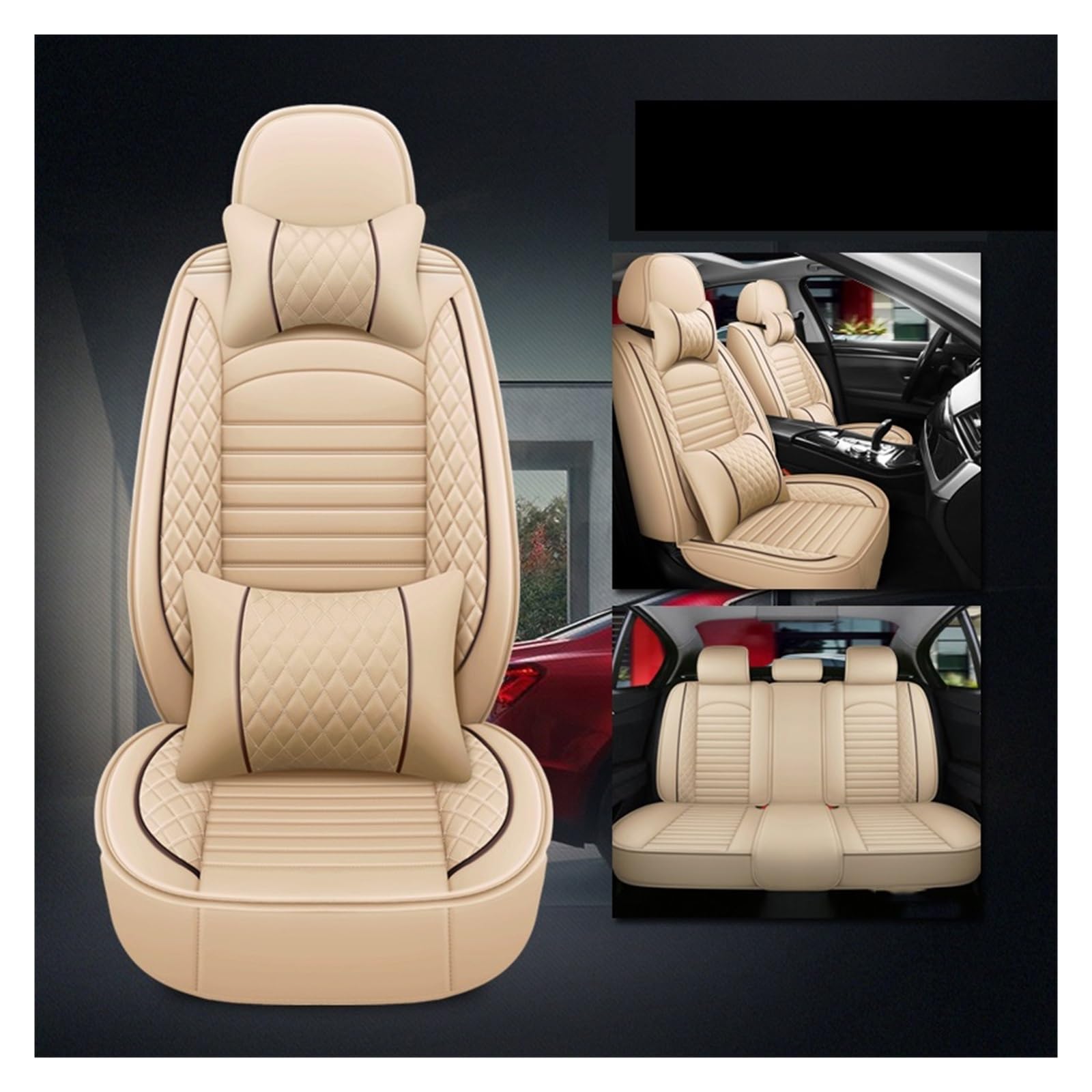 LMHGMUBVR Auto Sitzbezügesets Universeller Autositzbezug aus Kunstleder für die meisten Automodelle, bequem, atmungsaktiv, Autozubehör, Innendetails.(Beige,Set of Covers Accessories) von LMHGMUBVR