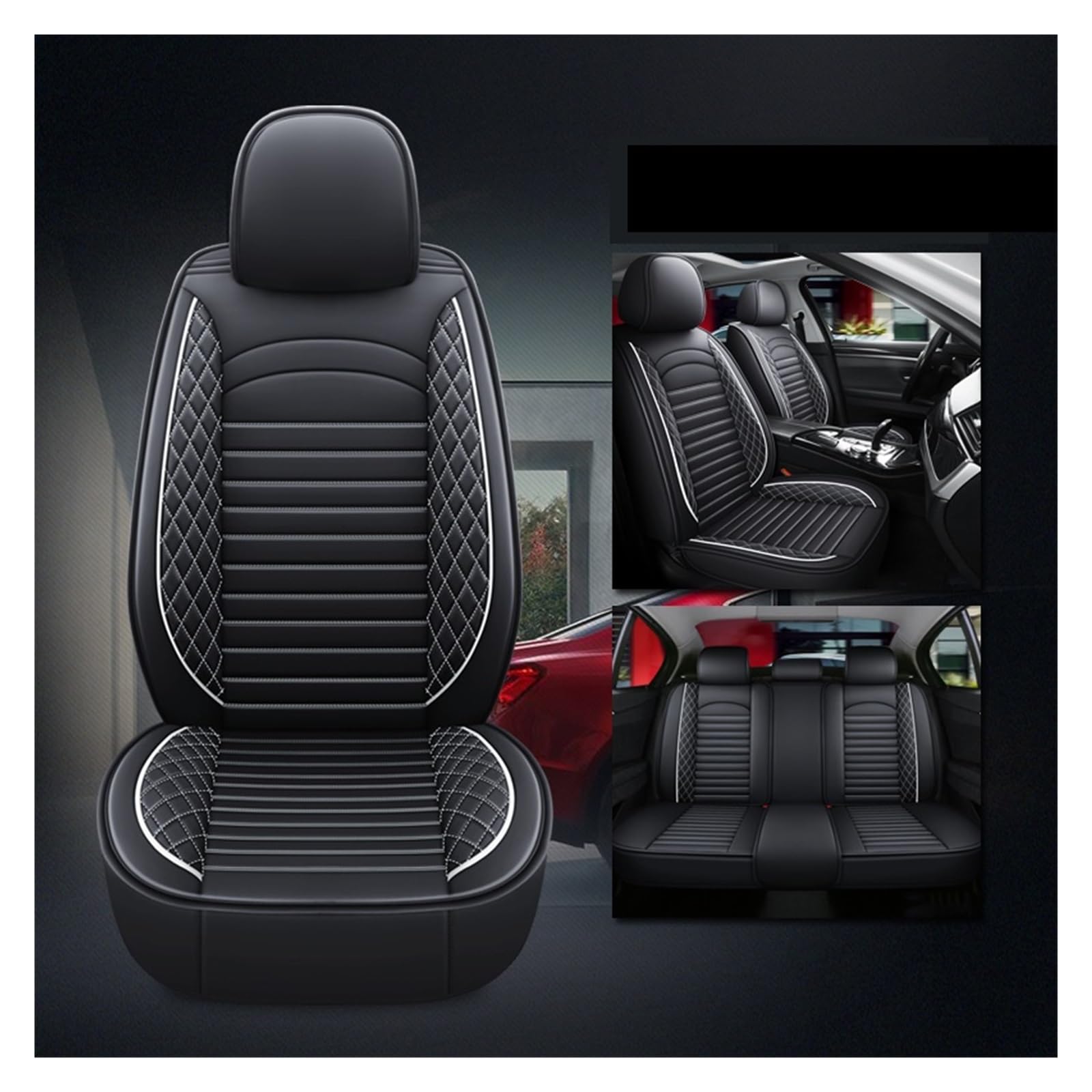 LMHGMUBVR Auto Sitzbezügesets Universeller Autositzbezug aus Kunstleder für die meisten Automodelle, bequem, atmungsaktiv, Autozubehör, Innendetails.(Black White,Set of seat Covers) von LMHGMUBVR