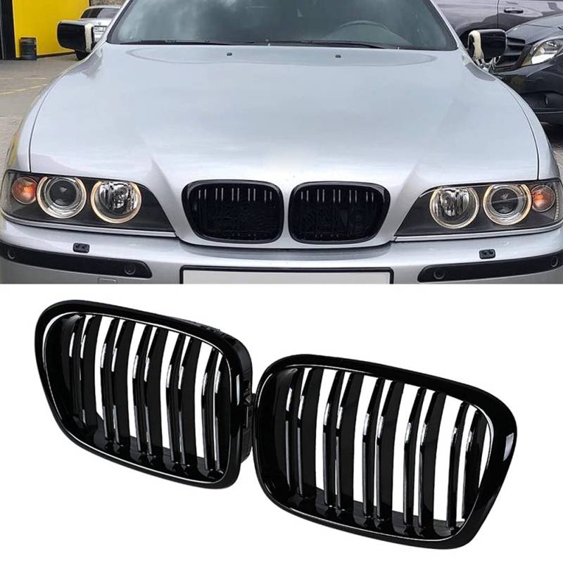 1 Paar Front Kühlergrill Ersatz für BMW 5er E39 1996-2004 LCI Modell, Auto Sport Nieren Kühlergrill Glänzend Schwarz (Doppelte Linie) von LMYDIDO