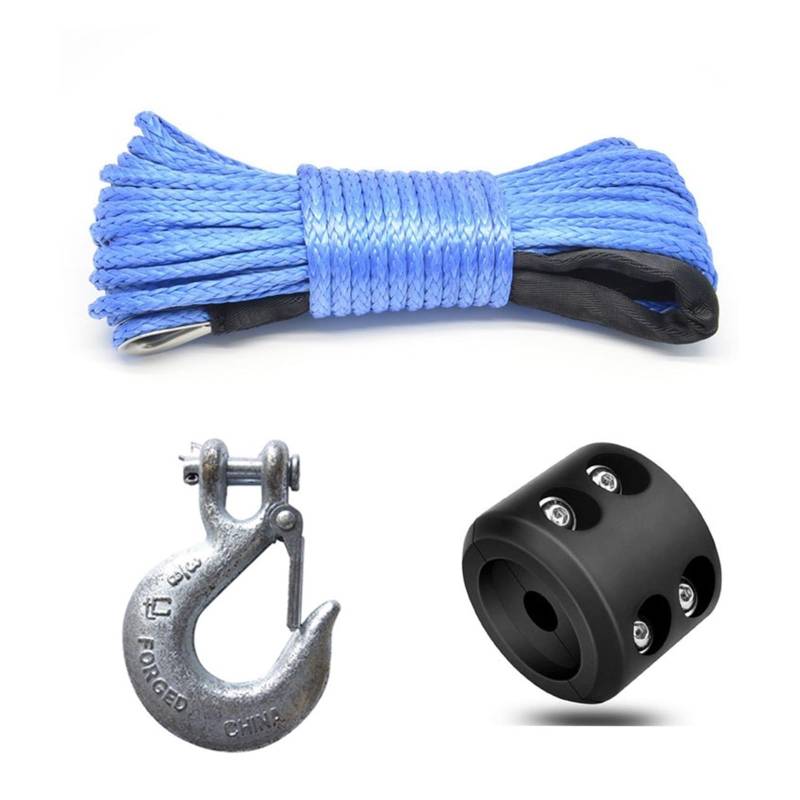 Synthetisches Windenseil-Set 7700LBs Windenleine Kabel Seilwinden Abschlepphaken Stopper Gummi for ATV SUV UTV Truck Offroad Zubehör Windenseil Abschleppgurt(1 Set Blue) von LNHHG