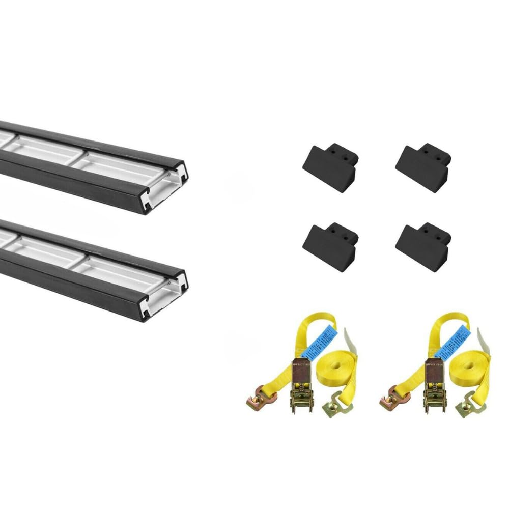 Stäbchenzurrschienen - Starterset 8tlg mit Gummi Schutzprofil Eckige Endkappen Spanngurten Ratschenzurrgurte 400 daN 1,90 Meter von LOADCARE