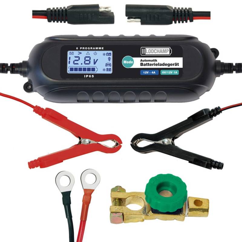 Bundle aus LODCHAMP, 4A/1a Intelligentes Batterieladegerät, 6V/12V KFZ/Auto/Motorrad Ladegerät, Erhaltungsladegerät und Batterie Trennschalter Poltrenner Batterietrenner von LODCHAMP