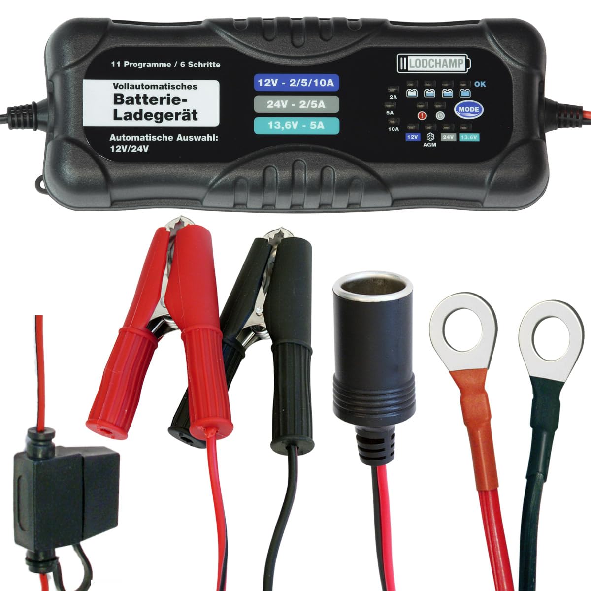 LODCHAMP, 10A/5A Intelligentes Batterieladegerät, 12V/24V KFZ/LKW Ladegerät, Erhaltungsladegerät mit Desulfator und Komfortstecker, Polklemmen und Ringösenkabel von LODCHAMP