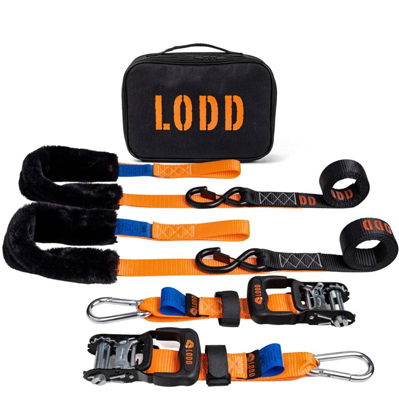 LODD - Motorrad-Spanngurte mit Ratschen&Schlaufen Schafshautschutz ULTIMATIVEN Motorrad-Zurrgurte, 38 mm breit sicheren Haken für alle Motorräder, Geliefert Transportkoffer, schwarz orange, (MTD1L) von LODD