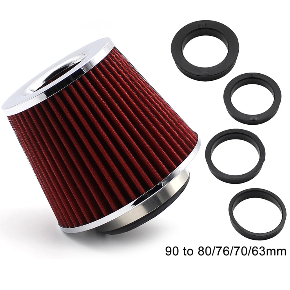 Auto-Luftfilter 5in1 63/70/76/80/90 mm Auto-Luftfilter Universal High Flow Modifizierter Auto-Rennsport-Luftfilter Entlüftungskegel Ansaugluftfilter Luftfilter Für PKW(Red) von LOHWSTRFG