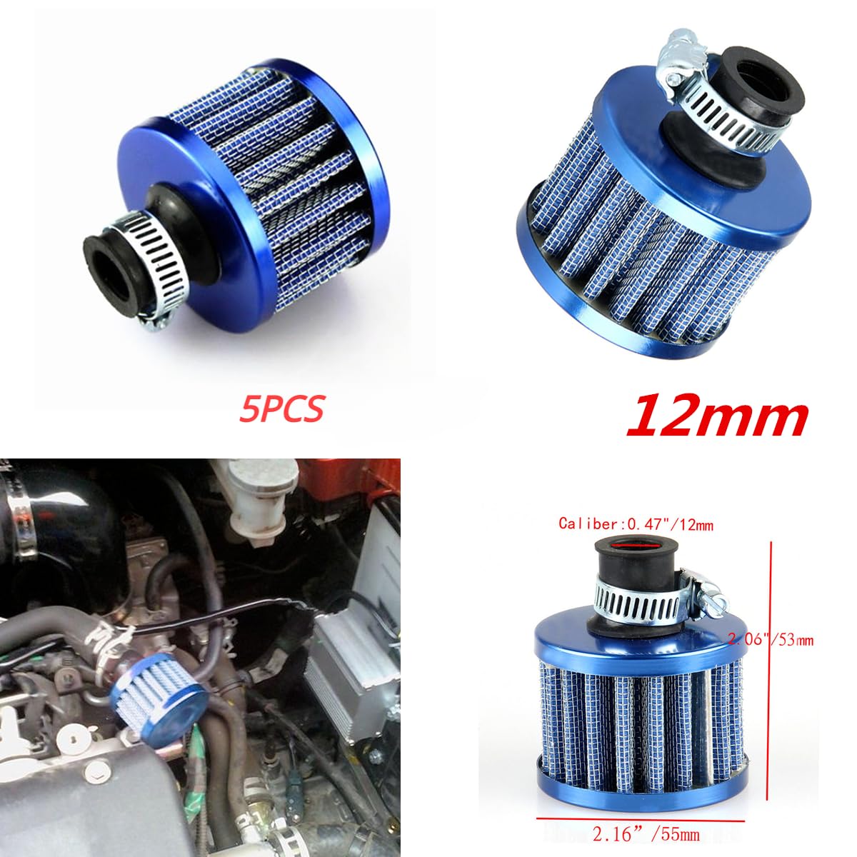 Auto-Luftfilter Universal 12mm 5 stücke Auto styling Lufteinlass Kurbelgehäuse-entlüftungsventil Abdeckung Entlüftungsfilter Autos Filter Auto Ersatz Teile Luftfilter Für PKW(Blue) von LOHWSTRFG