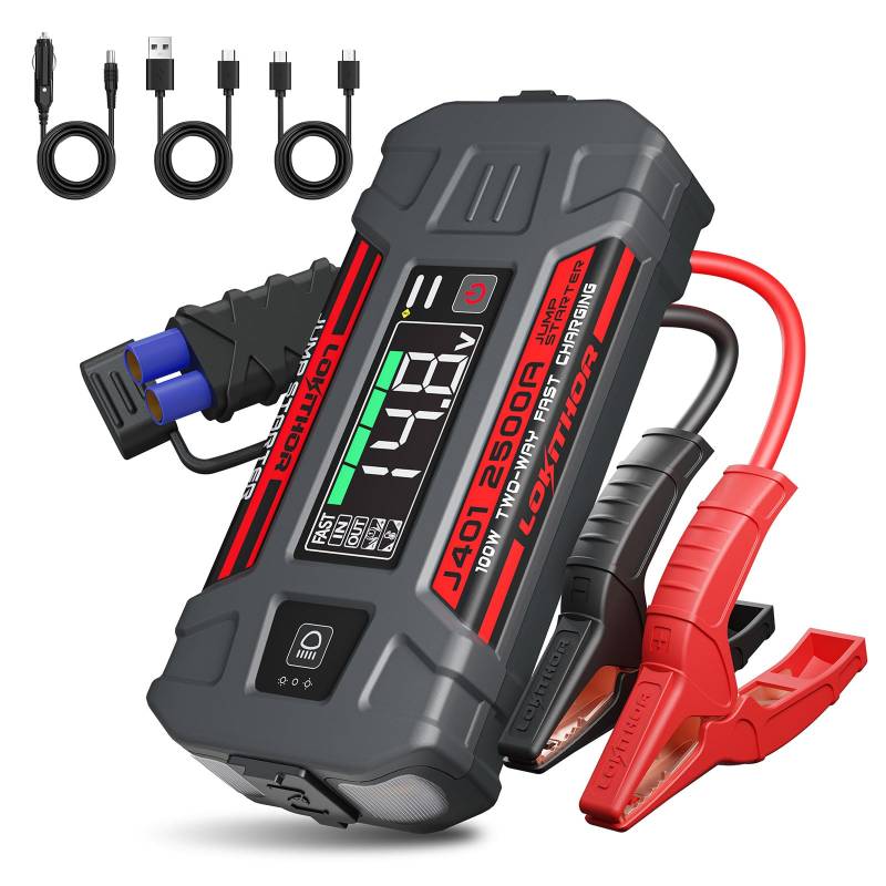 LOKITHOR J401 2500A Starthilfe Powerbank, 12V Auto Starthilfe mit 100W Schnellladung, Tragbare Batterie Booster für 8.5L Gas und 6.5L Diesel, LED Taschenlampe, 3.95'' Intelligenter Bildschirm von LOKITHOR