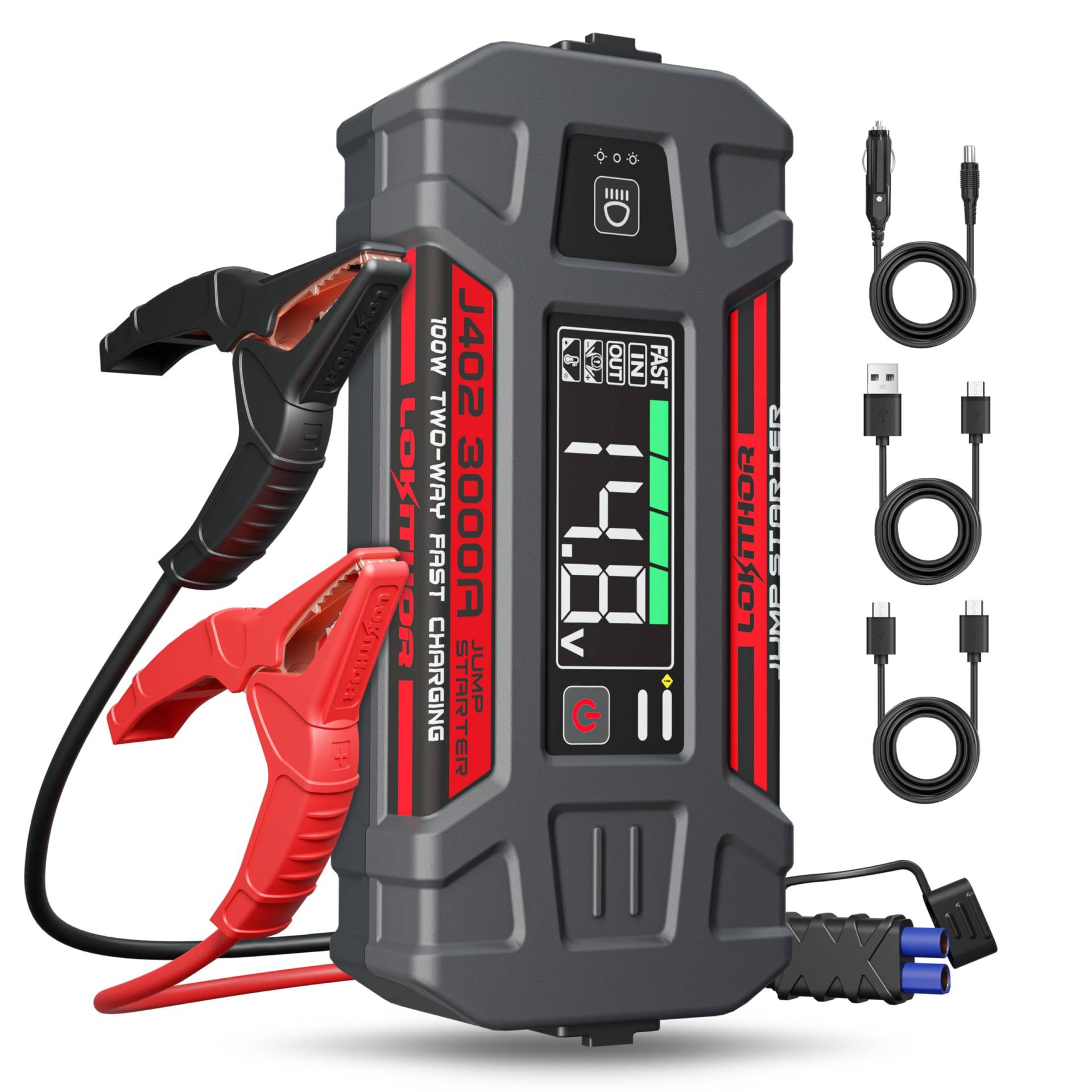 LOKITHOR J402 Starthilfe Powerbank, 3000A Tragbare Starter Powerbank, 100W Schnellladung 12V Auto Batterie Booster für 9,0L Gas o 7,0L Diesel, Intelligenter Digitaler Bildschirm, LED Taschenlampe von LOKITHOR