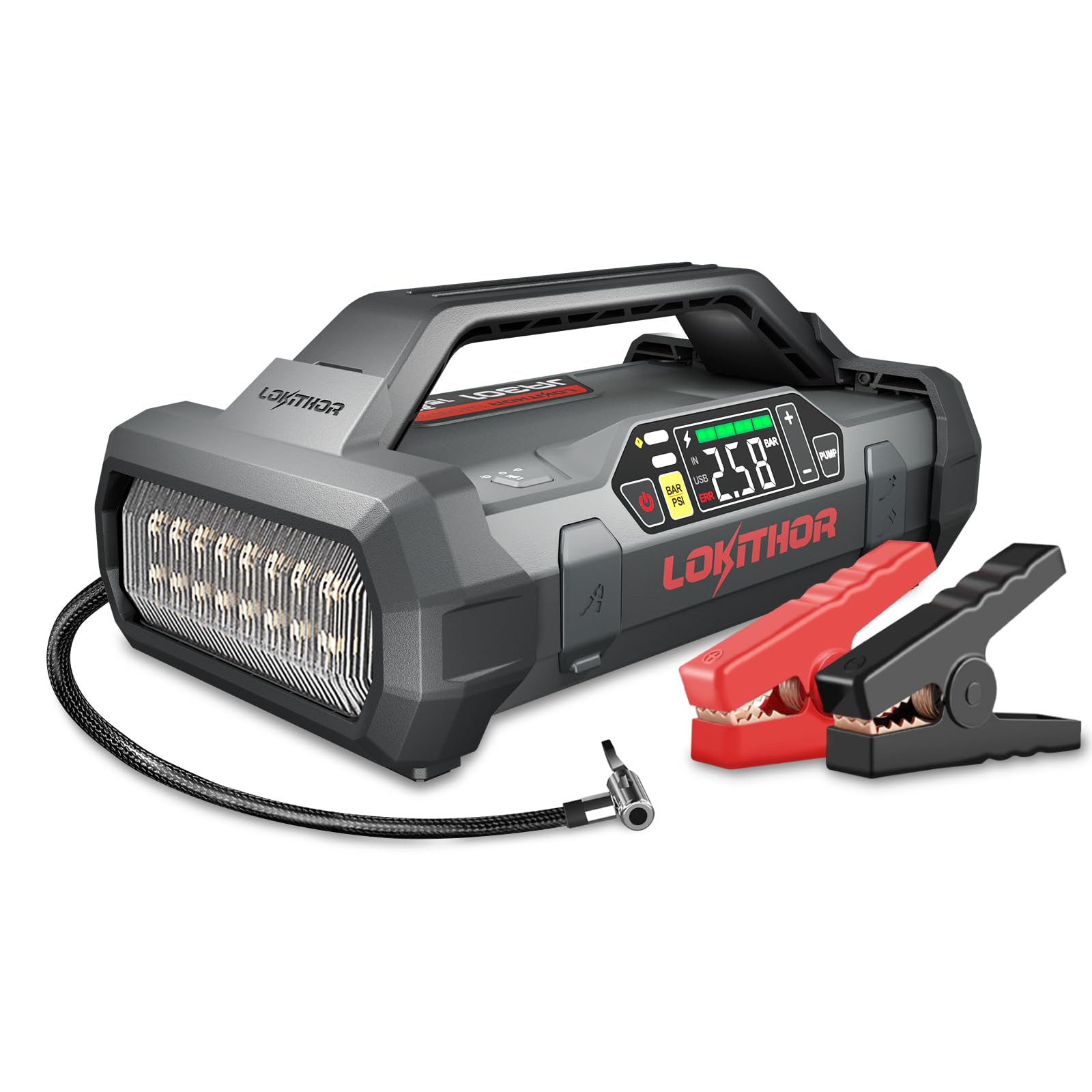 LOKITHOR JA301 2000A Starthilfe Powerbank mit 150PSI Kompressor, 12V Auto Starthilfe für 8.0L Gas und 6.0L Diesel, 4-IN-1Tragbare Auto Starthilfegerät mit LED Taschenlampe, 30 Months Standby von LOKITHOR