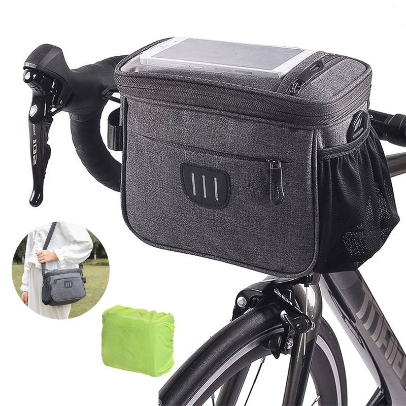 LOMUG Fahrradtasche Vorne Lenker, 5L Fahrrad Lenkertasche Wasserdichter Fahrradkorb Tasche mit Touchscreen für alle Handy, Radtasche Fronttasche Lenkerkorb Fahrrad mit Regenschutz und Schultergurt von LOMUG