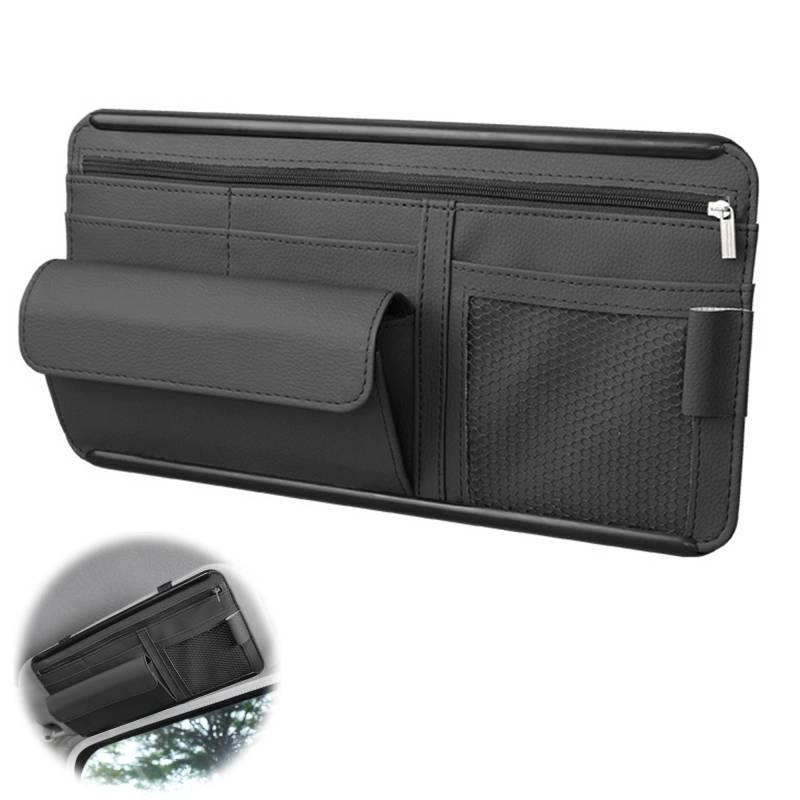 LONGHAO Auto Sonnenblende Organizer Leader,Car Sun Visor Organizer,Brillenhalter für Auto Leder,Auto Multifunktionale Aufbewahrungstasche,Auto-Innenzubehör,für die meisten Auto SUV,LKW (Schwarz) von LONGHAO