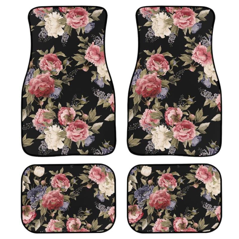 Dunkle Vintage Blumen Druck Auto Fußmatten Set von 4, nahtloses Blumenmuster mit Pfingstrosen Aquarell Fahrzeug vorne hinten Teppiche Matten Universal Auto Bodenteppiche Autozubehör für Van Truck von LONSANT