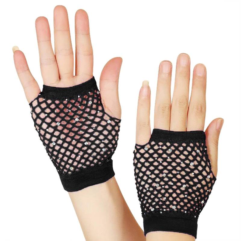 LOSVIP Faschingskostüme Mesh Kurze Handschuhe Punk Halbfinger Mesh Stretch Farbe Handschuhe#2 (Black, ONESIZE) von LOSVIP