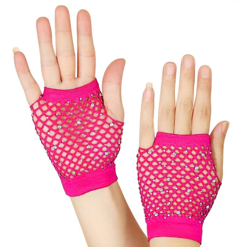 LOSVIP Faschingskostüme Mesh Kurze Handschuhe Punk Halbfinger Mesh Stretch Farbe Handschuhe#2 (Hot Pink, ONESIZE) von LOSVIP