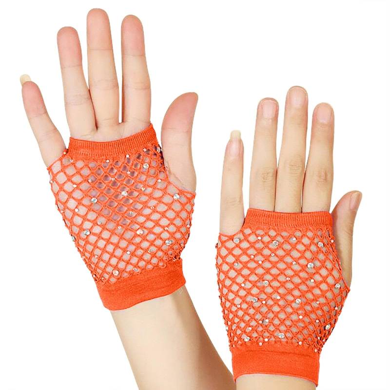 LOSVIP Faschingskostüme Mesh Kurze Handschuhe Punk Halbfinger Mesh Stretch Farbe Handschuhe#2 (Orange, ONESIZE) von LOSVIP