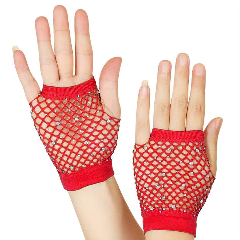 LOSVIP Faschingskostüme Mesh Kurze Handschuhe Punk Halbfinger Mesh Stretch Farbe Handschuhe#2 (Red, ONESIZE) von LOSVIP