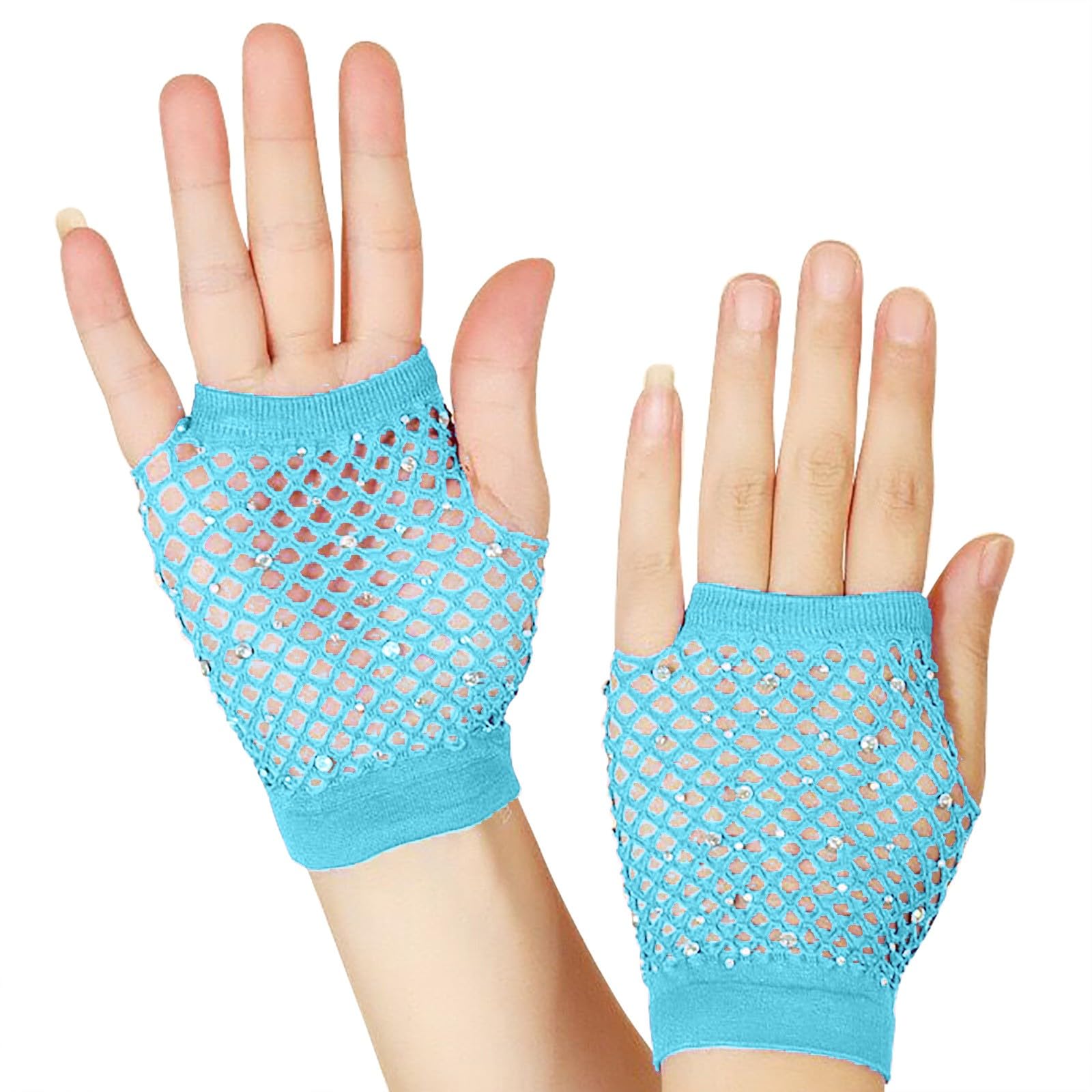 LOSVIP Faschingskostüme Mesh Kurze Handschuhe Punk Halbfinger Mesh Stretch Farbe Handschuhe#2 (Sky Blue, ONESIZE) von LOSVIP