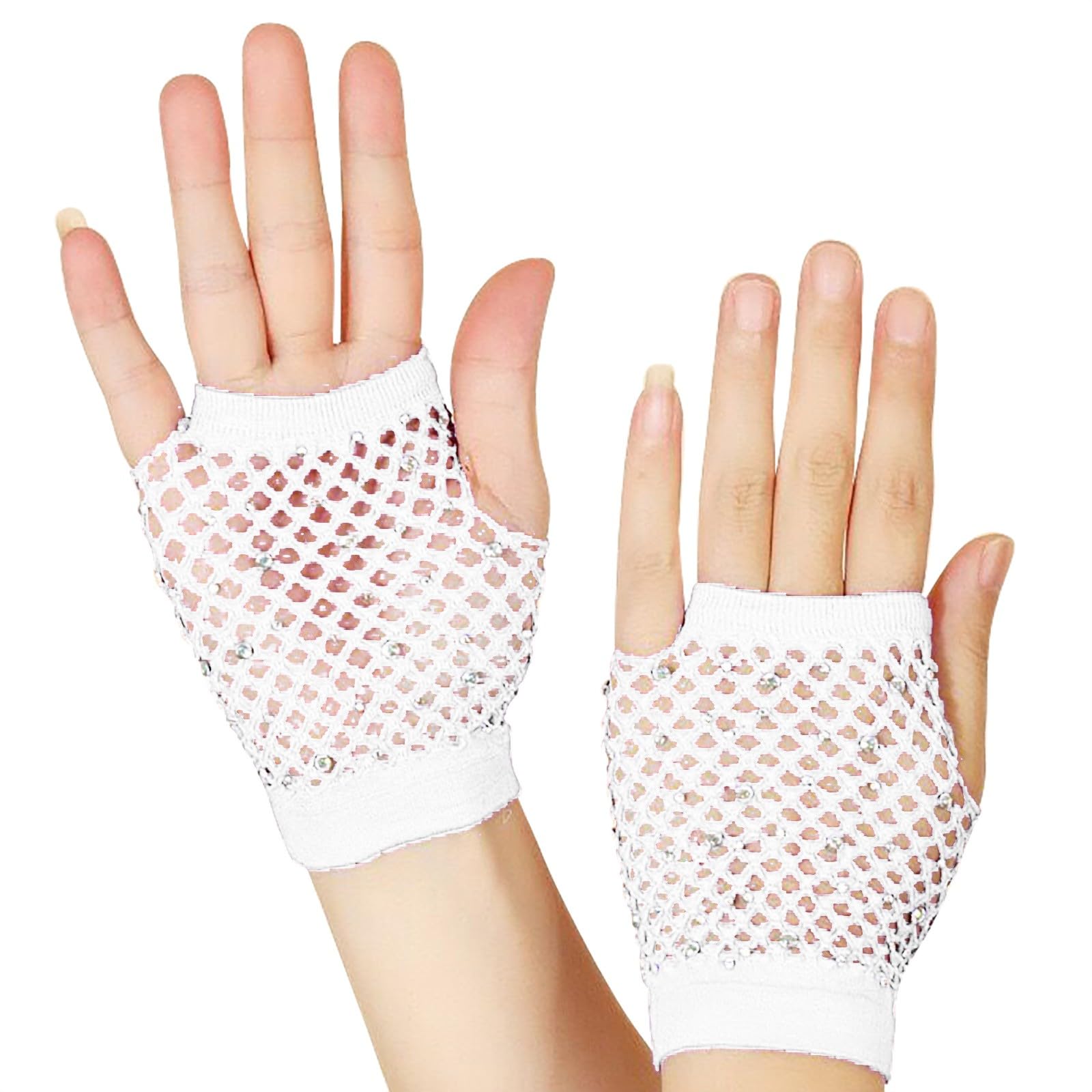 LOSVIP Faschingskostüme Mesh Kurze Handschuhe Punk Halbfinger Mesh Stretch Farbe Handschuhe#2 (White, ONESIZE) von LOSVIP