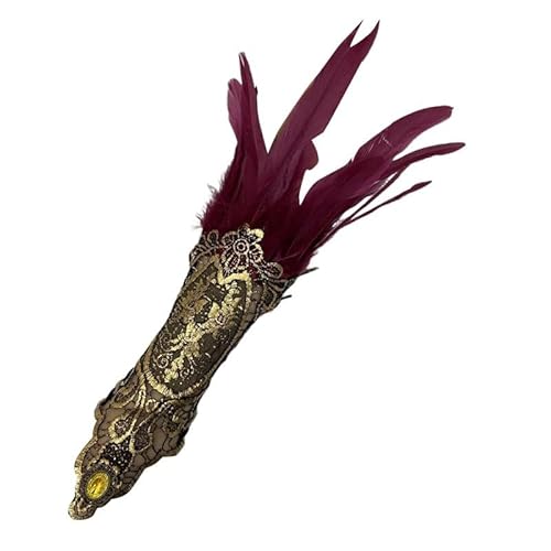 LOSVIP Faschingskostüme Women's Gothic Style Feather Gloves Hollowed Out Gold Lace Arm Carnival Gloves#2 (Wine, One Size) von LOSVIP