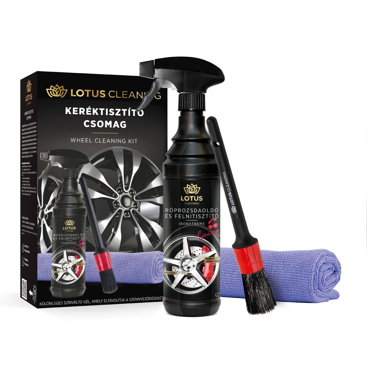 LOTUS Premium Felgenreinigungs-Set – Innovativer IronXtreme Cherry Rostlöser, Mikrofaser-Tuch & Felgenbürste, pH-neutrale Formel für schonende und effektive Felgenreinigung von LOTUS Cleaning