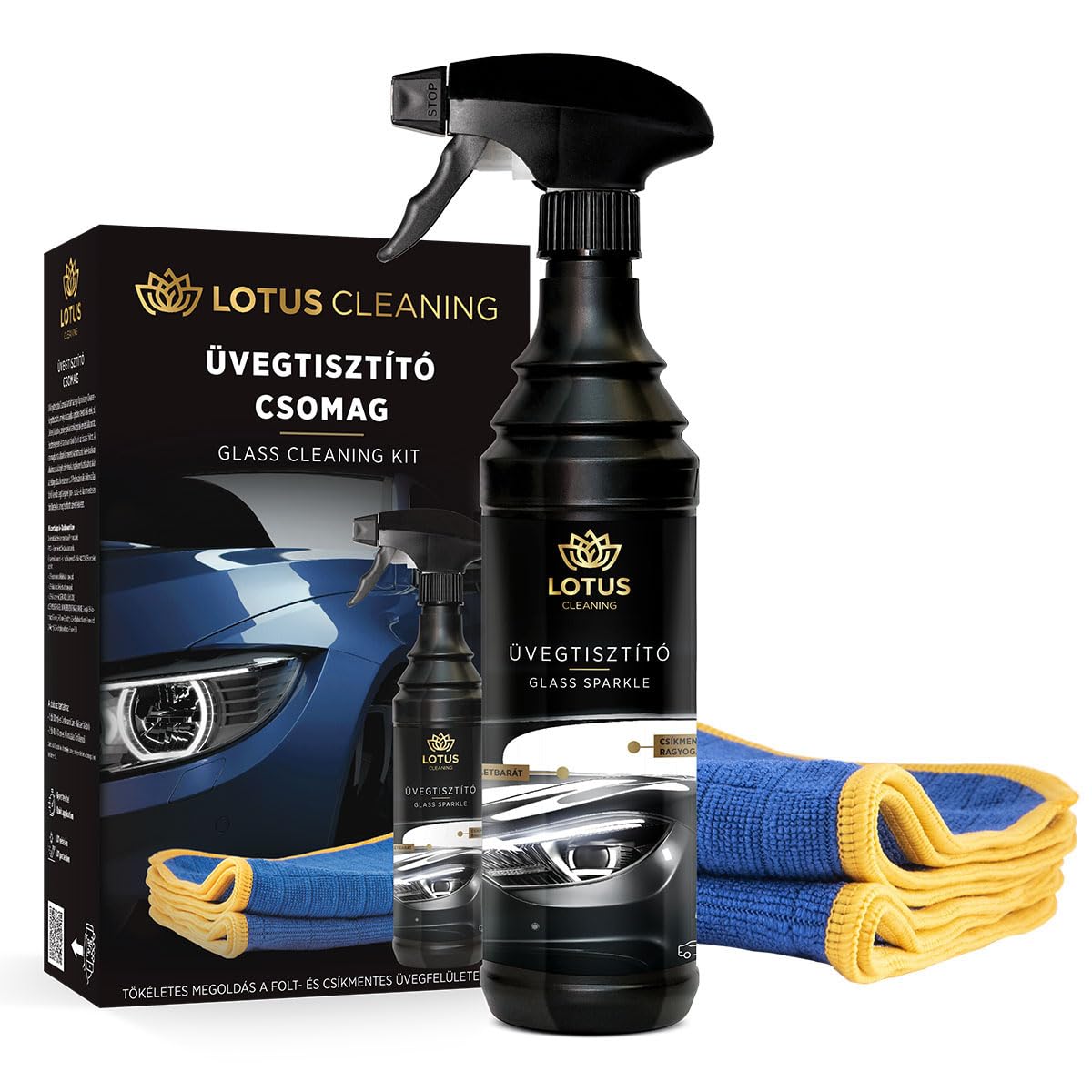 Lotus Premium Glasreinigungs-Kit – 600ml Glass Sparkle für Kristallklare Scheiben & Fenster – Inkl. 2 Hochsaugfähige Mikrofasertücher für Streifenfreie & Kratzfreie Reinigung von LOTUS Cleaning