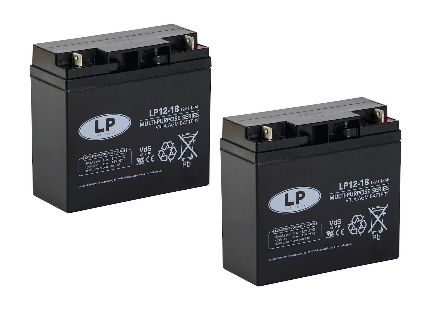 Landport Wiederaufladbare Batterie, 12 V, 18 Ah, Mehrzweck, VRLA-Technologie, AGM/Modell LP12-18, F3/T3, mit VDS-Zertifikat, 2 Stück von LP BATTERIES