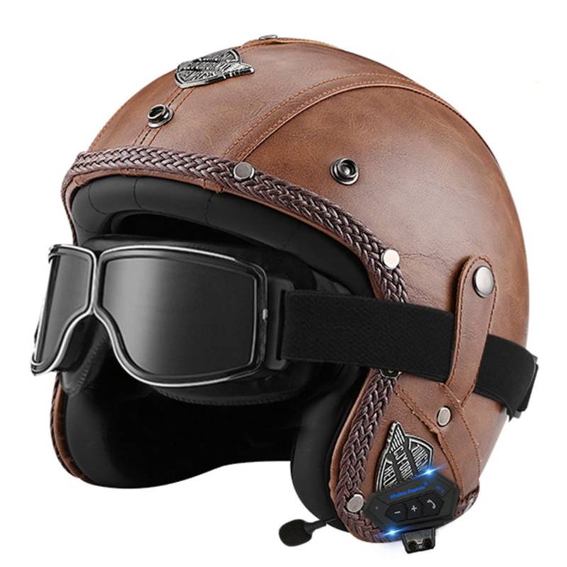 Bluetooth Jethelm mit Visier Retro Pilotenhelm Qualität nach ECE-Norm Roller-Helm für Frauen und Herren im Vintage-Look, Motorrad-Helm mit Schutzbrille J,M von LPXPLP