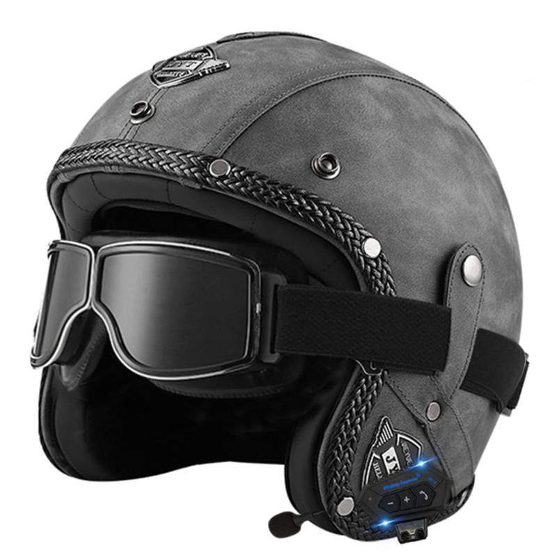 Bluetooth Motorradhelm mit ECE, Jethelm Retro Halbschalenhelm Motorradhalbhelm mit Schutzbrille, Chopper Helm Scooter-Helm Offenem Helm, mit Sonnenblende Herausnehmbares Futter I,M von LPXPLP