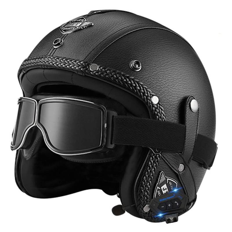 Bluetooth Motorradhelm mit ECE, Jethelm Retro Halbschalenhelm Motorradhalbhelm mit Schutzbrille, Chopper Helm Scooter-Helm Offenem Helm, mit Sonnenblende Herausnehmbares Futter N,L von LPXPLP