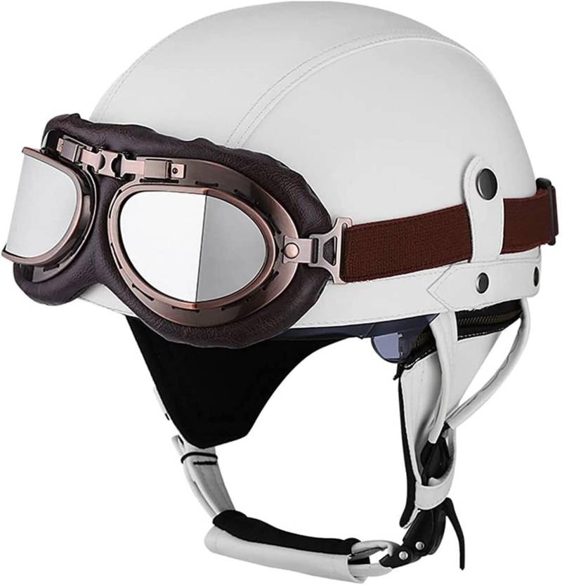 Motorrad Vintage Helm Aus Deutschem Leder Mit Offenem Gesicht Mit Schutzbrille Verstecktem Visier Halbschale Brain-Cap Motorrad-Helm DOT/ECE-Geprüft Herren Damen 14,S von LPXPLP