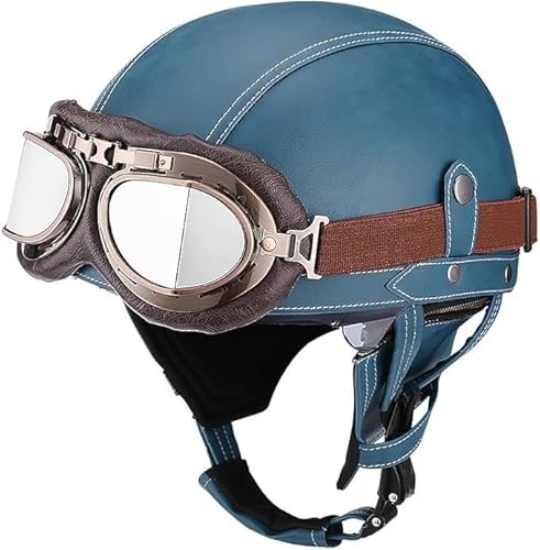 Retro Motorradhelm Leder Halbhelme Moped Helm Vintage Erwachsene Halbschale Leder-Helm - ECE zertifizierter German Retro Motorcycle Leather Half Helmets Anti-Collision Helm mit Brille D,L von LPXPLP