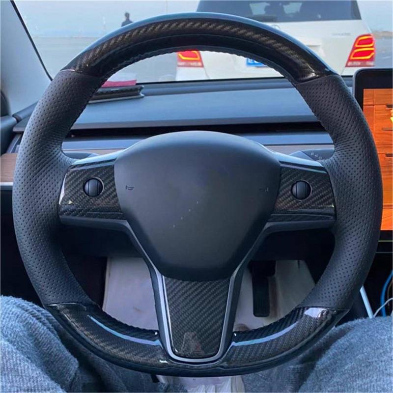 Lenkradbezug Mikrofaser Leder Carbon Hand Nähen Auto Lenkrad Abdeckung Schutz Shell Auto Zubehör Schwarz Für Tesla Für Modell 3 Für Modell Für Y Lenkradabdeckung(Black Fibre) von LPXYZD