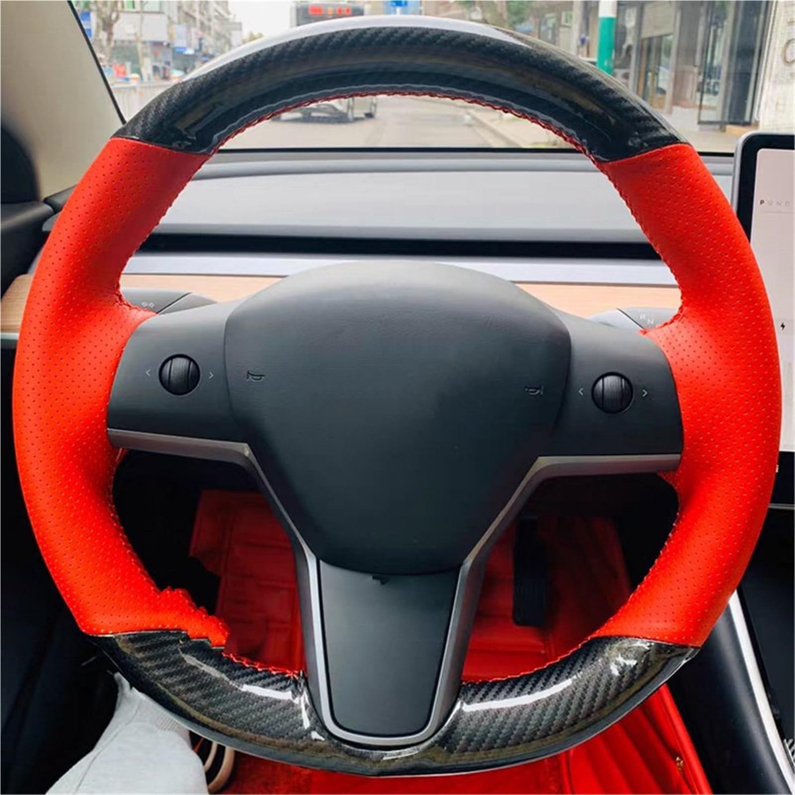 Lenkradbezug Mikrofaser Leder Carbon Hand Nähen Auto Lenkrad Abdeckung Schutz Shell Auto Zubehör Schwarz Für Tesla Für Modell 3 Für Modell Für Y Lenkradabdeckung(Red Black Fibre) von LPXYZD