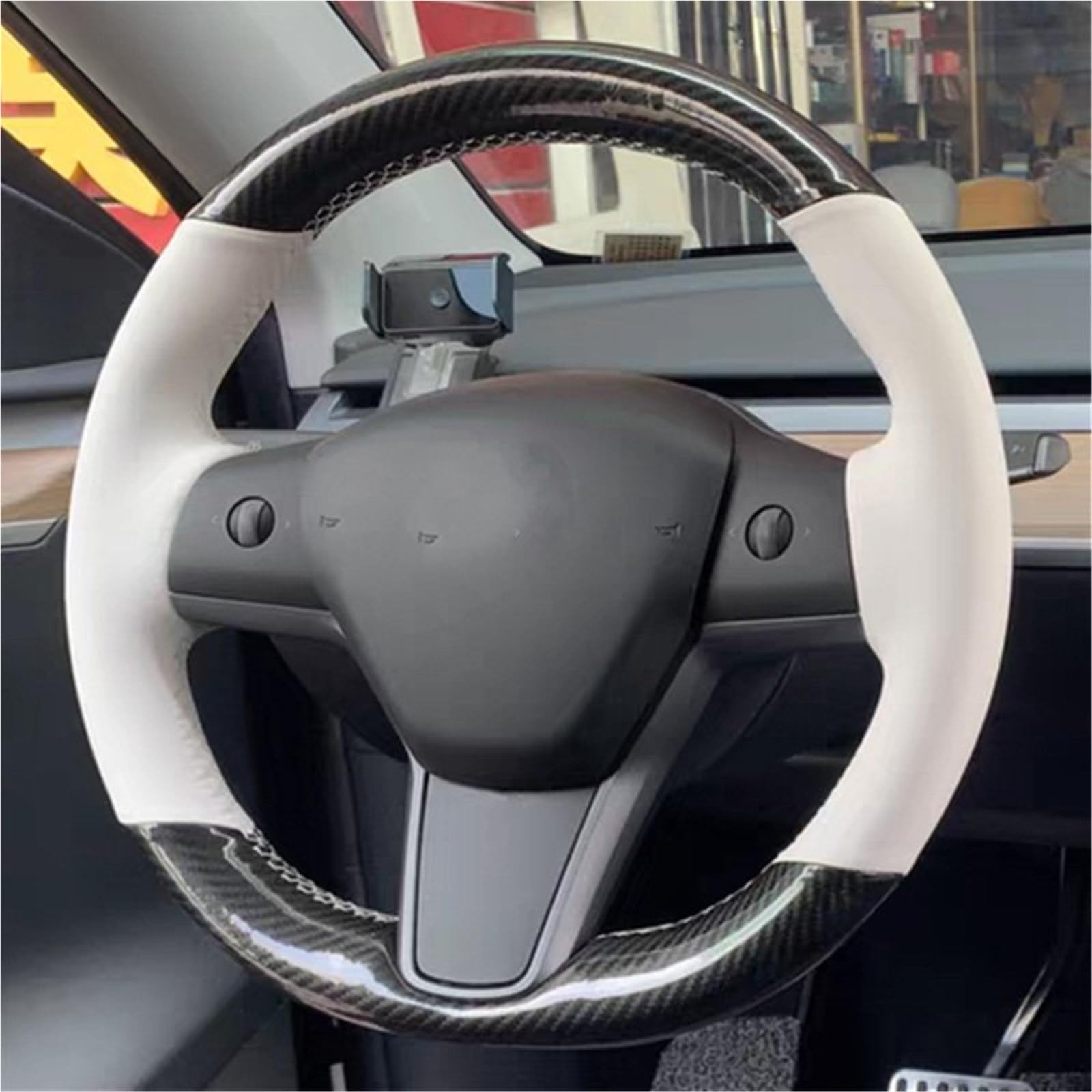 Lenkradbezug Mikrofaser Leder Carbon Hand Nähen Auto Lenkrad Abdeckung Schutz Shell Auto Zubehör Schwarz Für Tesla Für Modell 3 Für Modell Für Y Lenkradabdeckung(White Black Fibre) von LPXYZD