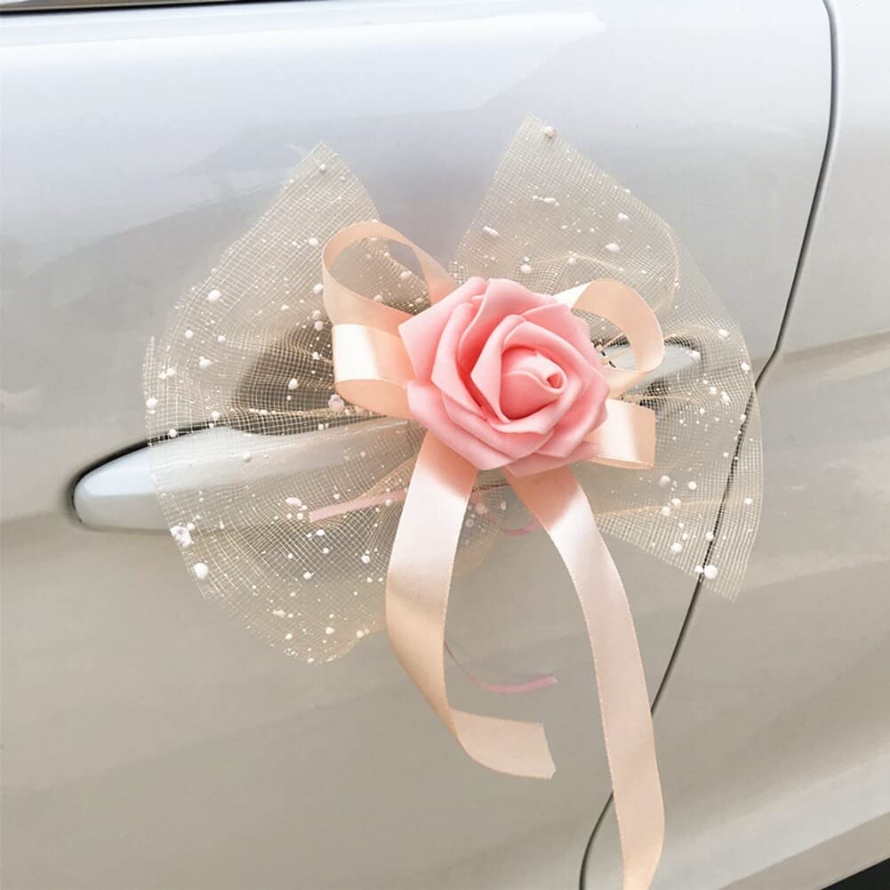 LSGGTIM Autoschleifen Hochzeit Vintage, Hochzeitsdeko Autoschmuck für Rückspiegel Türgriff Deko Rose Antenneschleifen Brautwagen Spiegel Schmuck Car Wedding Deko für Auto Hochzeit Deko Zimmerdeko von LSGGTIM