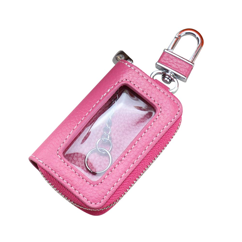 LSGGTIM Schlüsselmäppchen,Schlüsseltasche,Leder Autoschlüssel Tasche Geldbörse Schlüsseltasche,Schlüsselhalter mit Transparentem Fenster mit Litschi-Muster,Rose Red von LSGGTIM