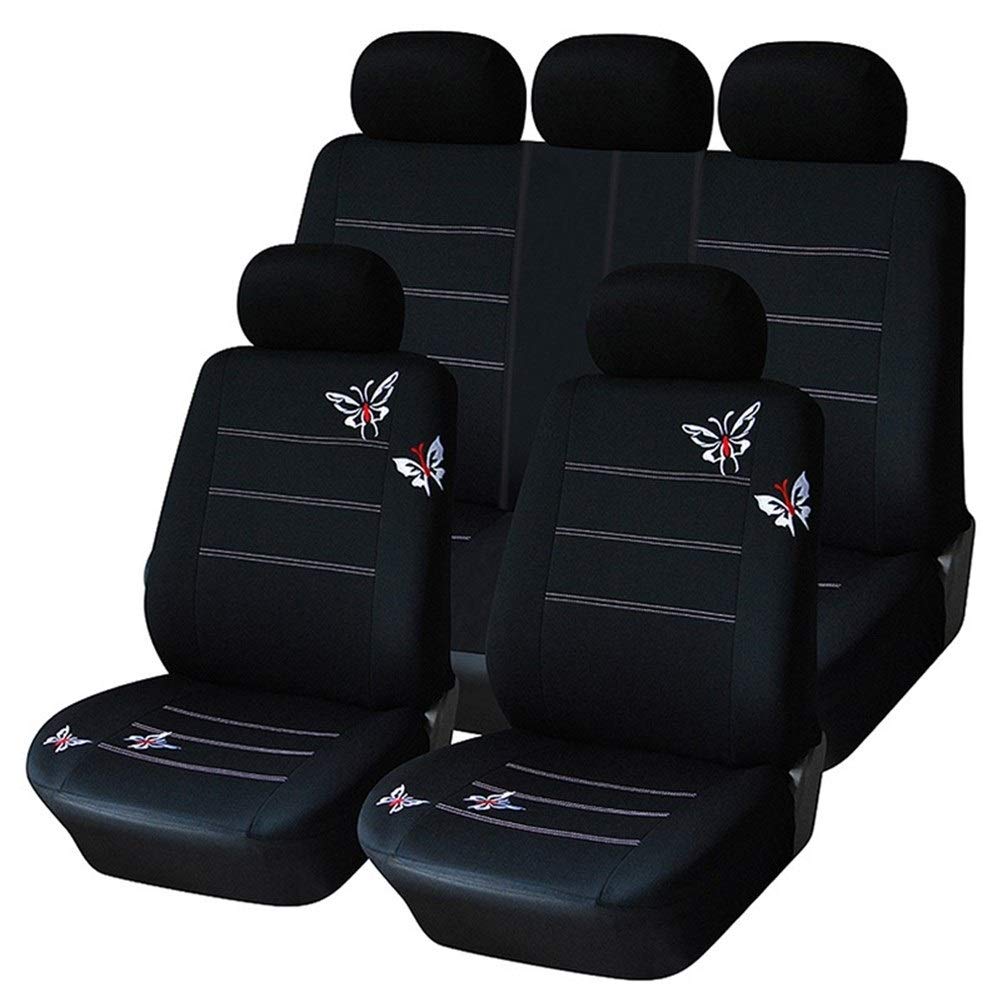 LSYHHXC Autositzbezüge Autositzbezug mit Schmetterlingsstickerei, universell passend for die meisten Fahrzeugsitze, Innenausstattung, Schwarze Sitzbezüge 917(Full Seat Covers) von LSYHHXC