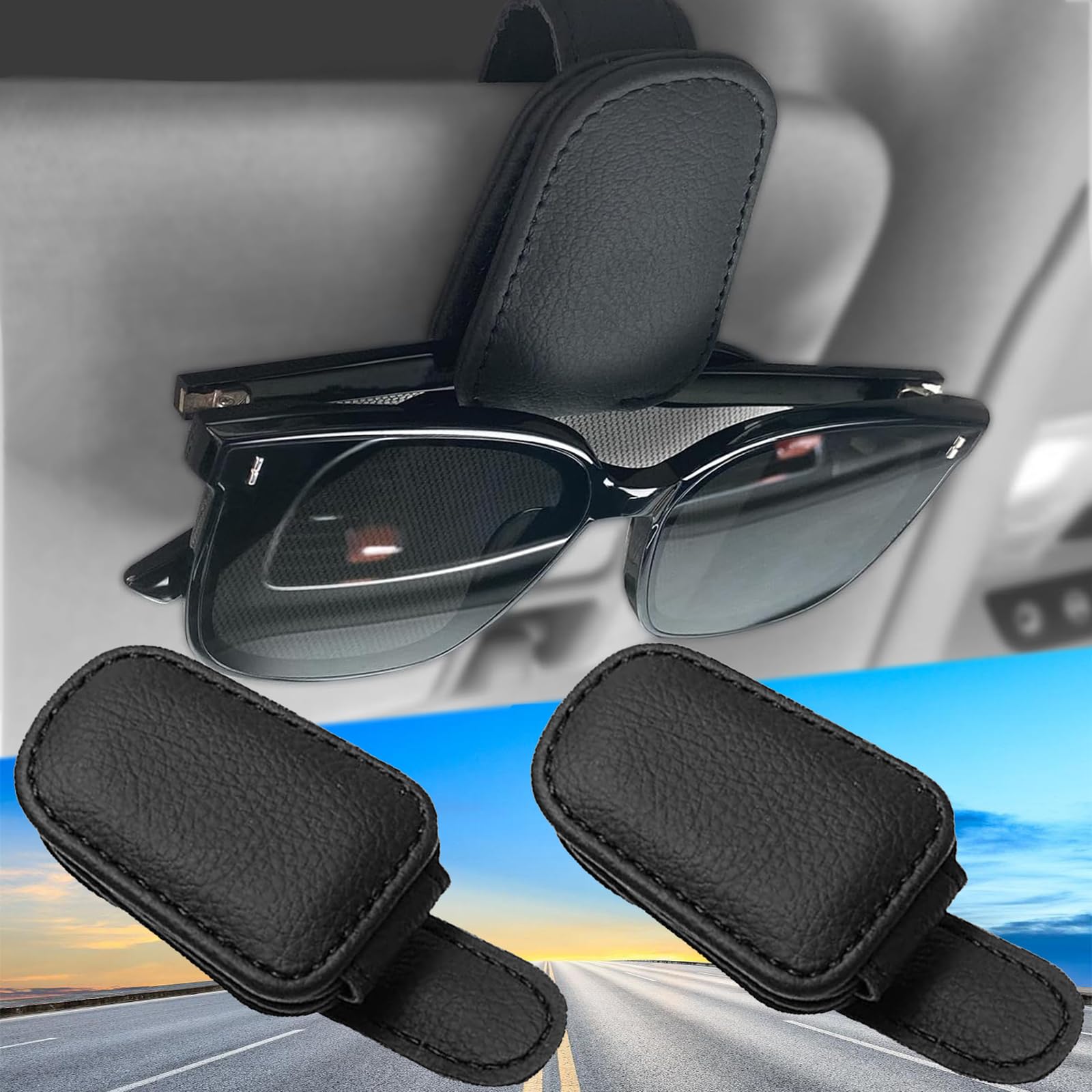 LUBEKAS Brillenhalter für Auto Sonnenbrille, 2 Pack Magnetischer Leder Brillenhalter Clip, Auto Visier Brille Halterung, Sonnenbrillenhalter Auto (Schwarz) von LUBEKAS