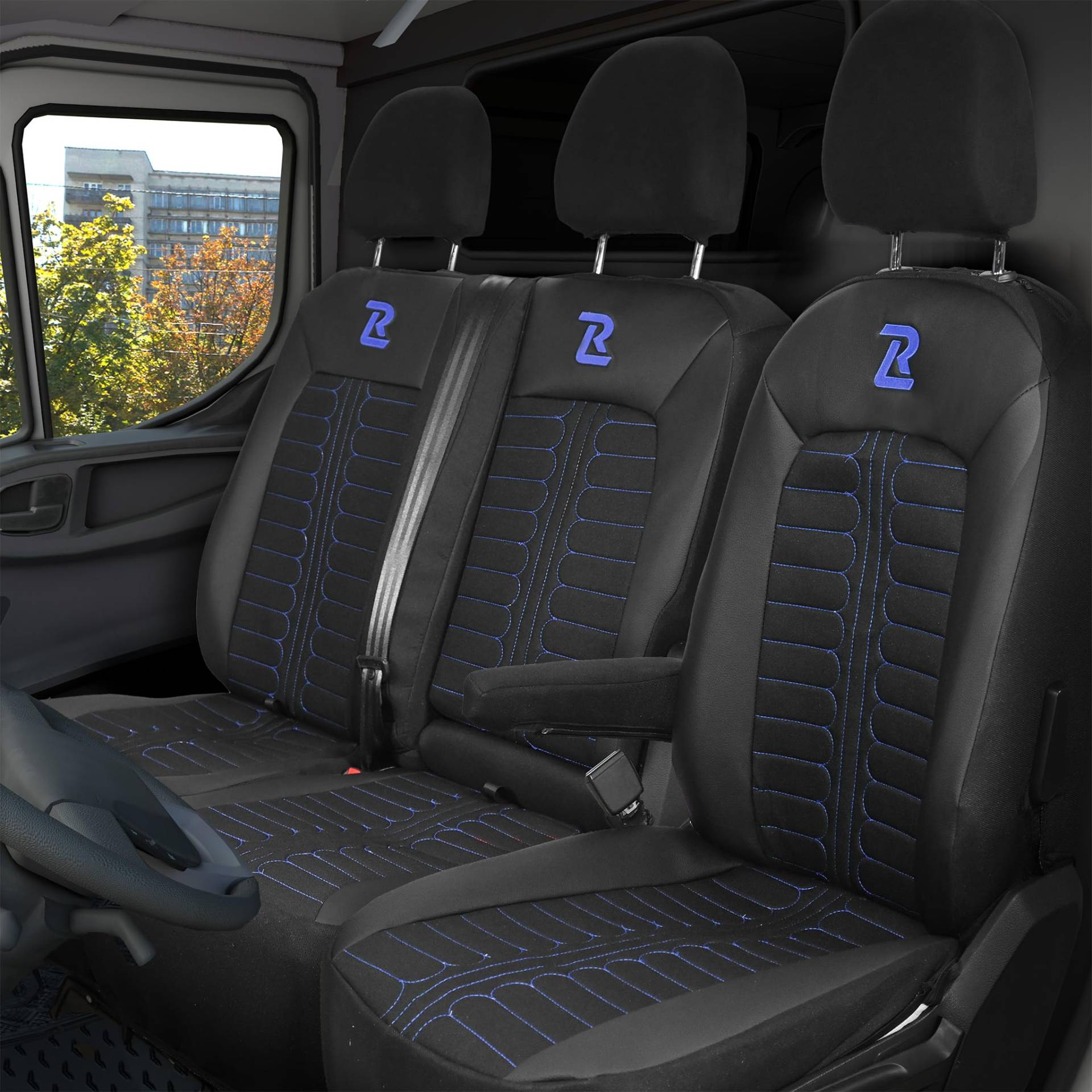 LUCARO Sitzbezüge Auto für Volkswagen Crafter 2, Man TGE 1+2 Blau Auto Sitzbezüge Man TGE, Volkswagen Crafter 2 - Robuster und Bequemer Sitz - Ergonomische Car Seat Cover - Öko-Leder-Sessel von LUCARO