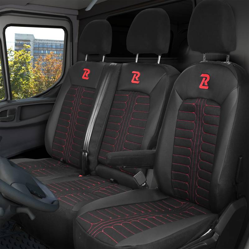 LUCARO Sitzbezügesets für Volkswagen Crafter 2, Man TGE, 1+2 - Auto Sitzbezüge Schwarz Rot - Schonbezüge für Autositze 2+1 - Ergonomische Sitzbezüge - Car Seat Cover - Öko-Leder-Sessel von LUCARO