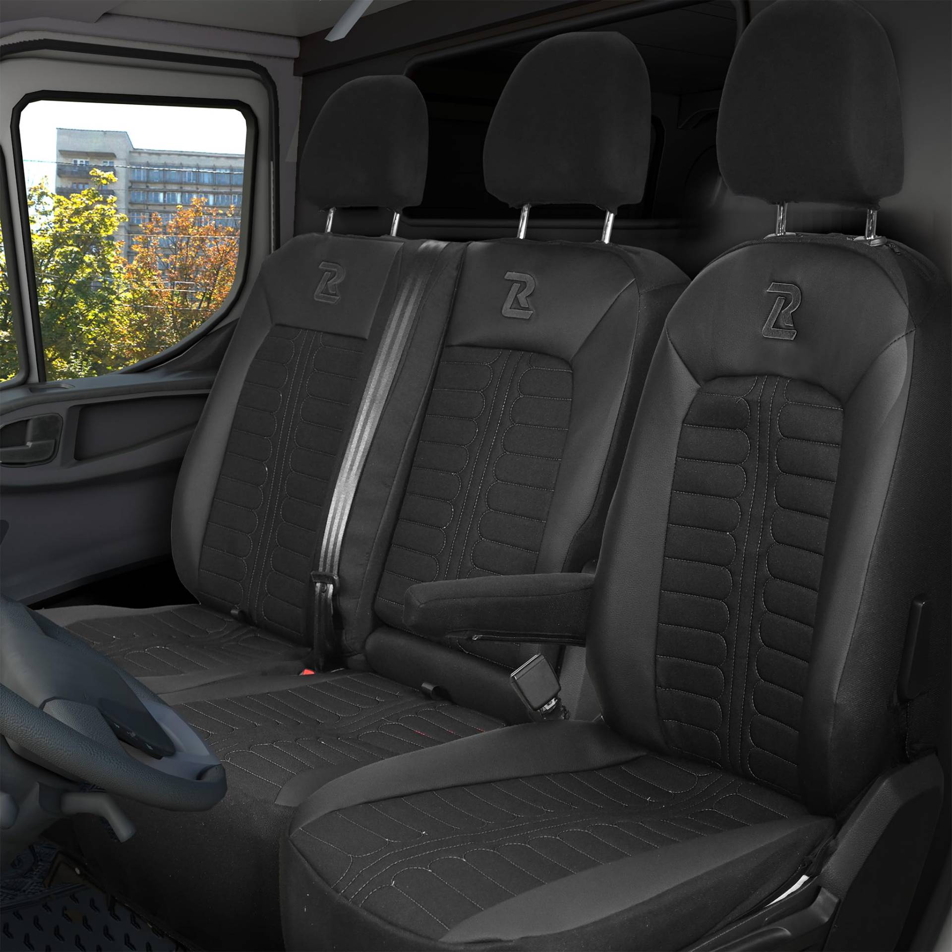 LUCARO Sitzbezügesets für Volkswagen Crafter 2, Man TGE, 1+2 - Auto Sitzbezüge Schwarz - Schonbezüge für Autositze 2+1 - Ergonomische Sitzbezüge - Car Seat Cover - Öko-Leder-Sessel von LUCARO