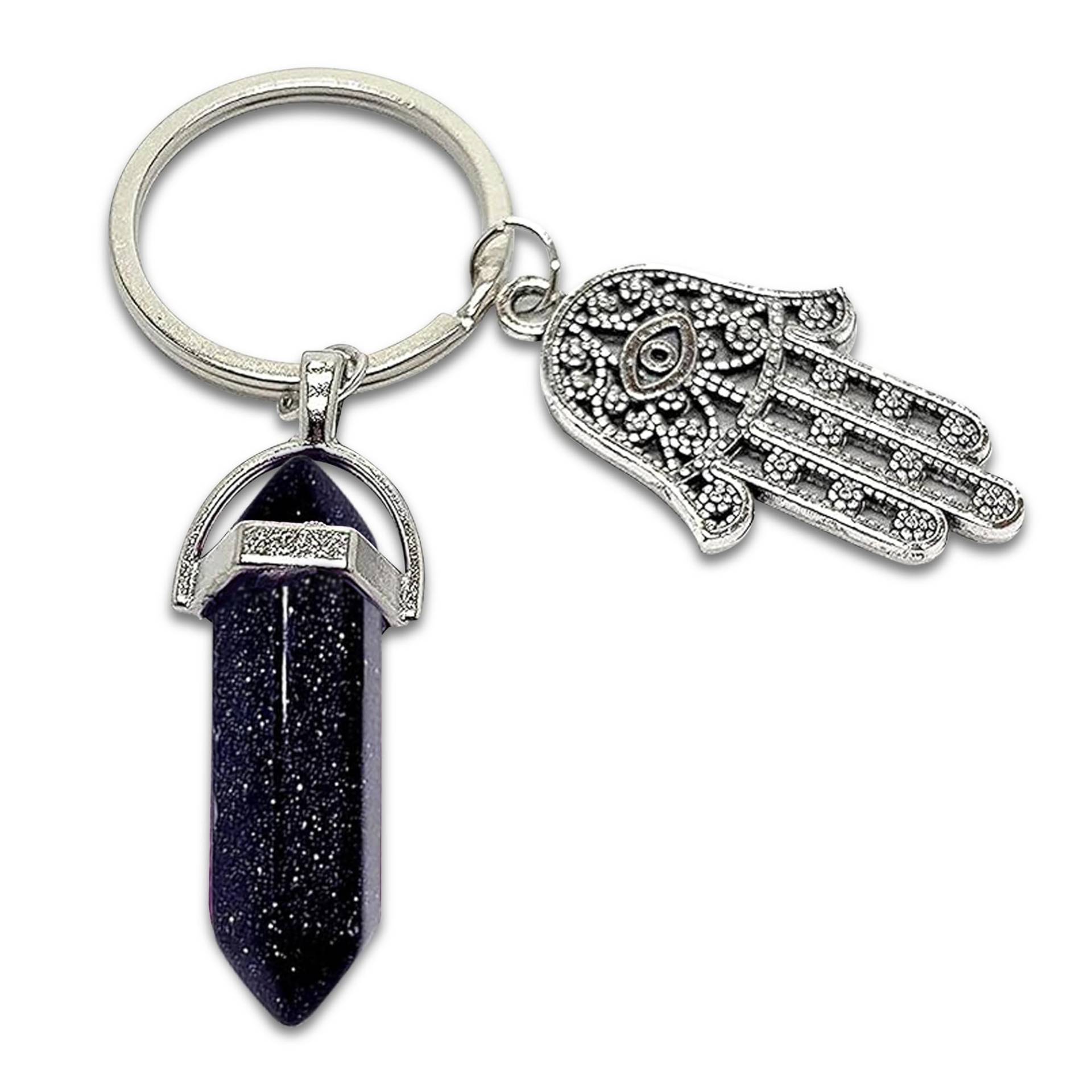 LUCKBOOSTIUM Hamsa Hand Evil Eye Amulett und Charm Schlüsselanhänger – dekoratives und hängendes Ornament mit Edelstein (3,8 x 7,6 cm), Blauer Sandstein, Small von LUCKBOOSTIUM