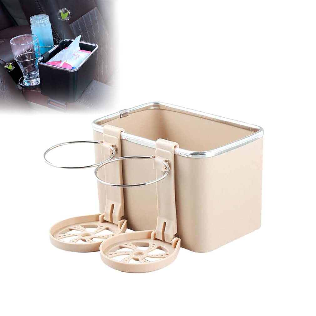 Car Armrest Storage Box with 2 Cup Holders,Kreative Faltbare Auto-Aufbewahrungsbox,Auto-Armlehnen-Aufbewahrungsbox,Auto-Getränkehalter Universal,Faltbare Multifunktionale Wasserbecherhalter (Beige) von LUCKKY