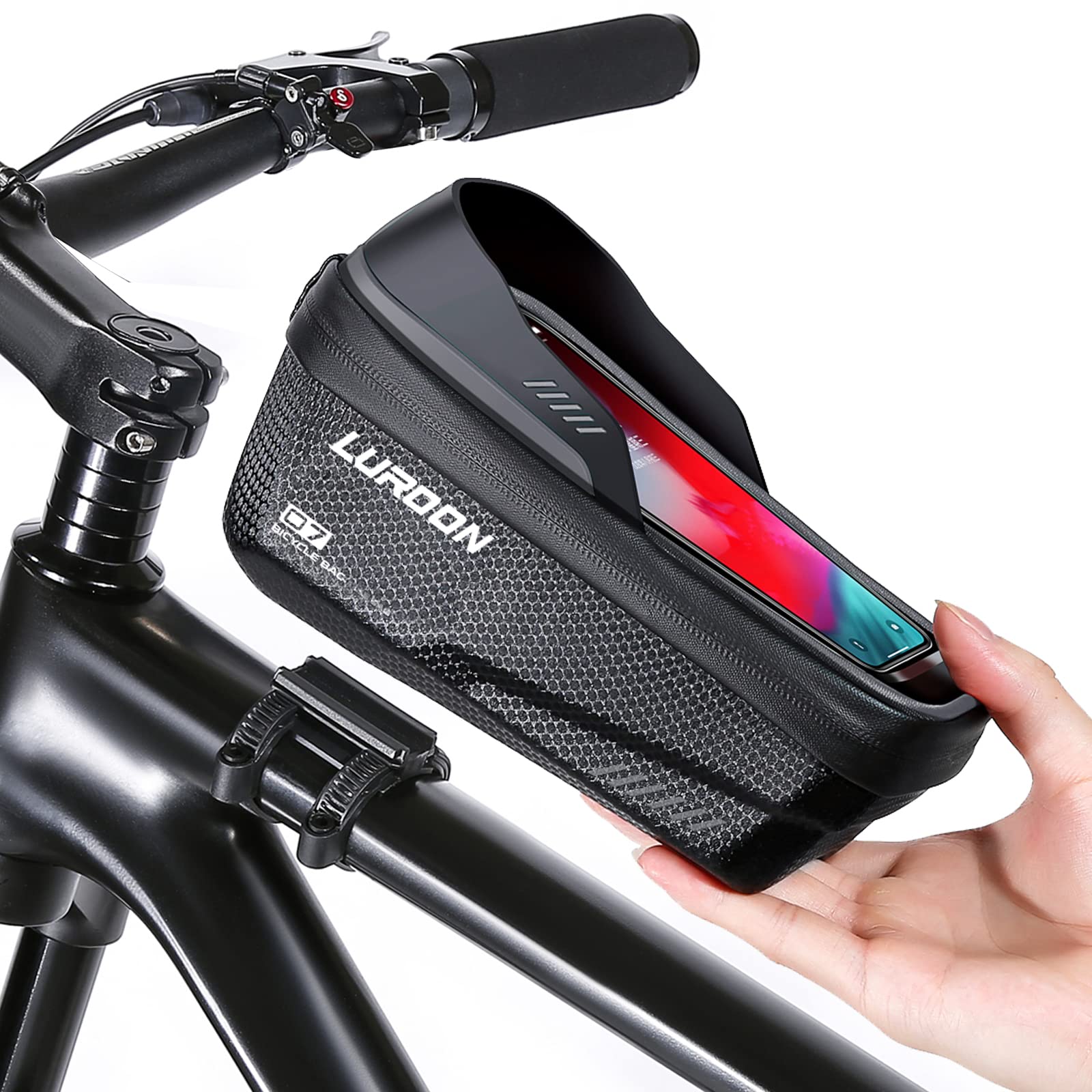 LUROON Fahrradhalterung Handy Halterung Halter Wasserdicht Fahrradlenker Tasche Fahrradtasche mit Regenhaube Fahrrad Rahmentasche Lenkertasche Handytasche für Smartphone bis zu 6.9 Zoll (Grau) von LUROON