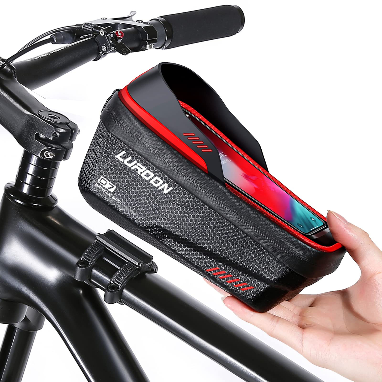 LUROON Fahrradhalterung Handy Halterung Halter Wasserdicht Fahrradlenker Tasche Fahrradtasche mit Regenhaube Fahrrad Rahmentasche Lenkertasche Handytasche für Smartphone bis zu 6.9 Zoll (Rot) von LUROON