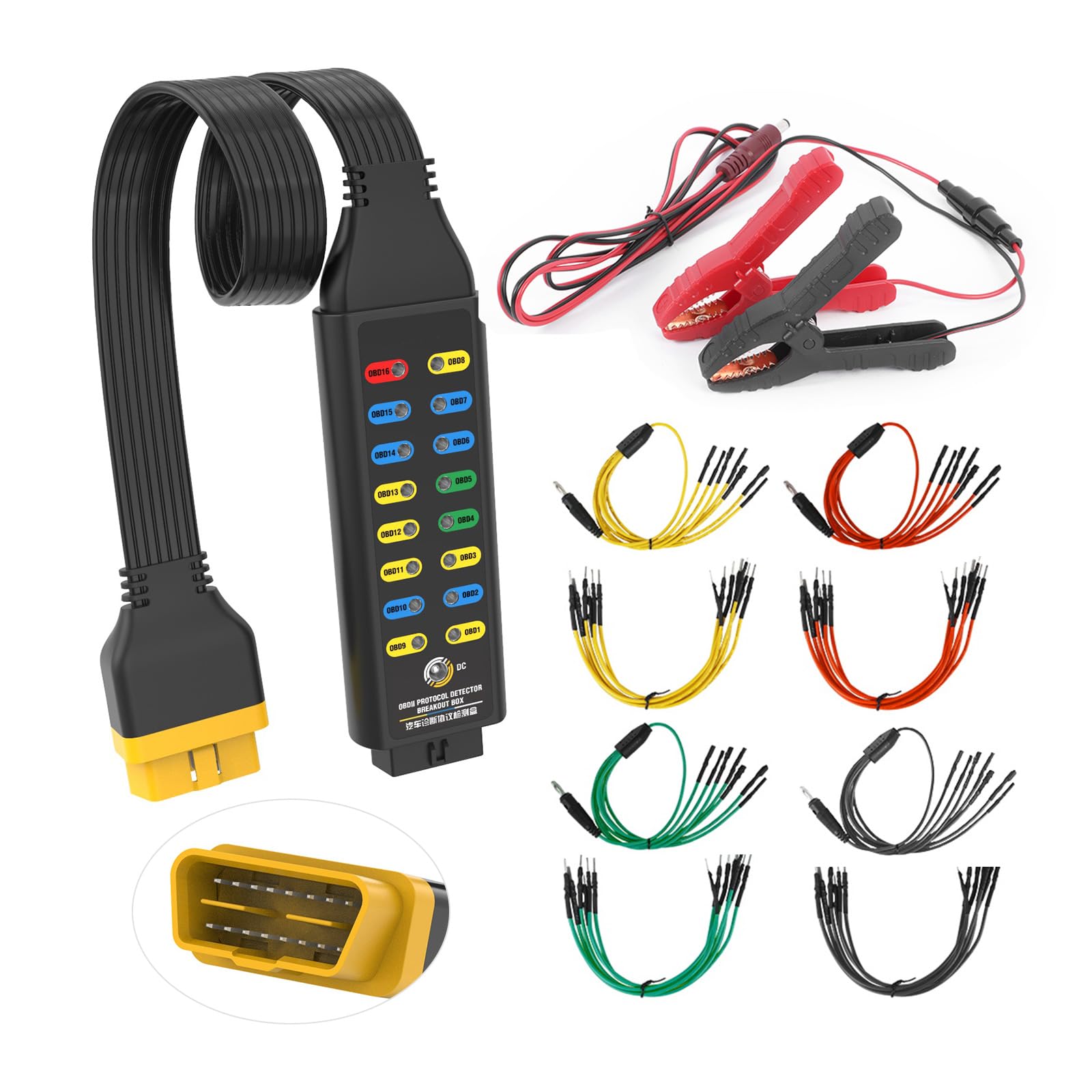 OBD2-Breakout-Box, Automotive-OBDII-Protokolldetektor, Kommunikations-/Strom-/Bodenerkennungs-Breakout-Box, 16-polig, CAN, 17,7 Zoll, Kabelfehlerdiagnose-Scan-Tool mit Universal-Kabelbrücke und Clips von LUTIFIX