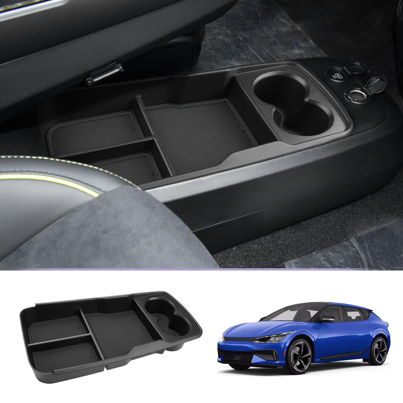 LUWU Compatible with Kia EV6 Mittelkonsole Organizer Ablagefach EV6 2023 Aufbewahrungsbox mit Getränkehalter Unterer Mittelkonsole Organizer Ablagefach EV6 Innenraum Zubehör (Schwarz) von LUWU