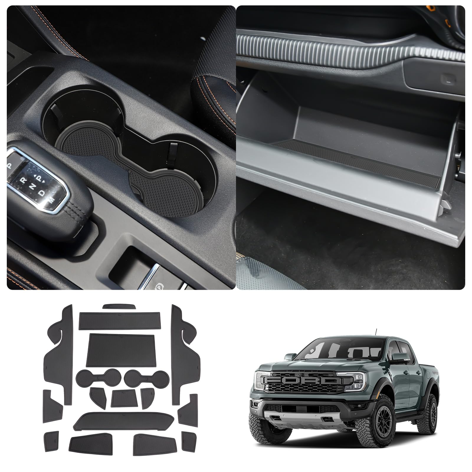 LUWU Kompatibel mit Ford Ranger T9 2023 2024 Raptor Wildtrak XLT Aufbewahrungsbox rutschfeste Matten Gummimatten Mittelkonsole Antirutschmatten rutschfest Becherhalter Matte (Schwarz) von LUWU