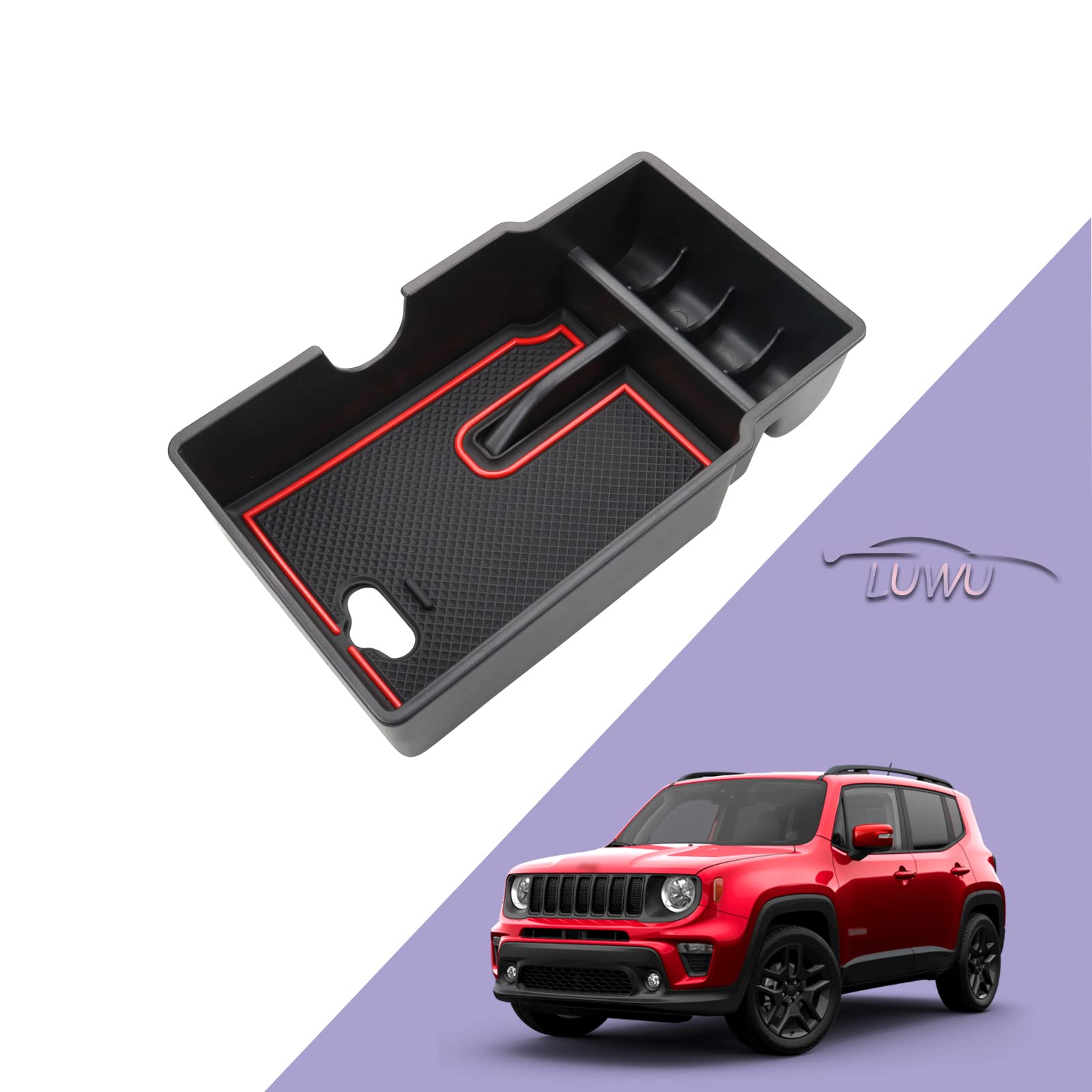 LUWU Kompatibel mit Jeep Renegade BU 2015-2023 2024 Auto Mittelkonsole Armlehnen Aufbewahrungsbox Handschuhfach Organizer für Zubehör Tuning mit Rutschfester Matte(Blau Rot Weiß) von LUWU