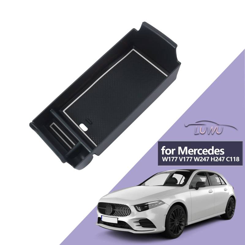 Kompatibel mit Mercedes A B-Klasse W177 V177 2019-2024 GLA H247 C118 EQA(EV) 2020-2024 Auto Mittelkonsole Armlehnen Aufbewahrungsbox Handschuhfach Organizer für Zubehör mit Rutschfester Matte (Weiß) von LUWU